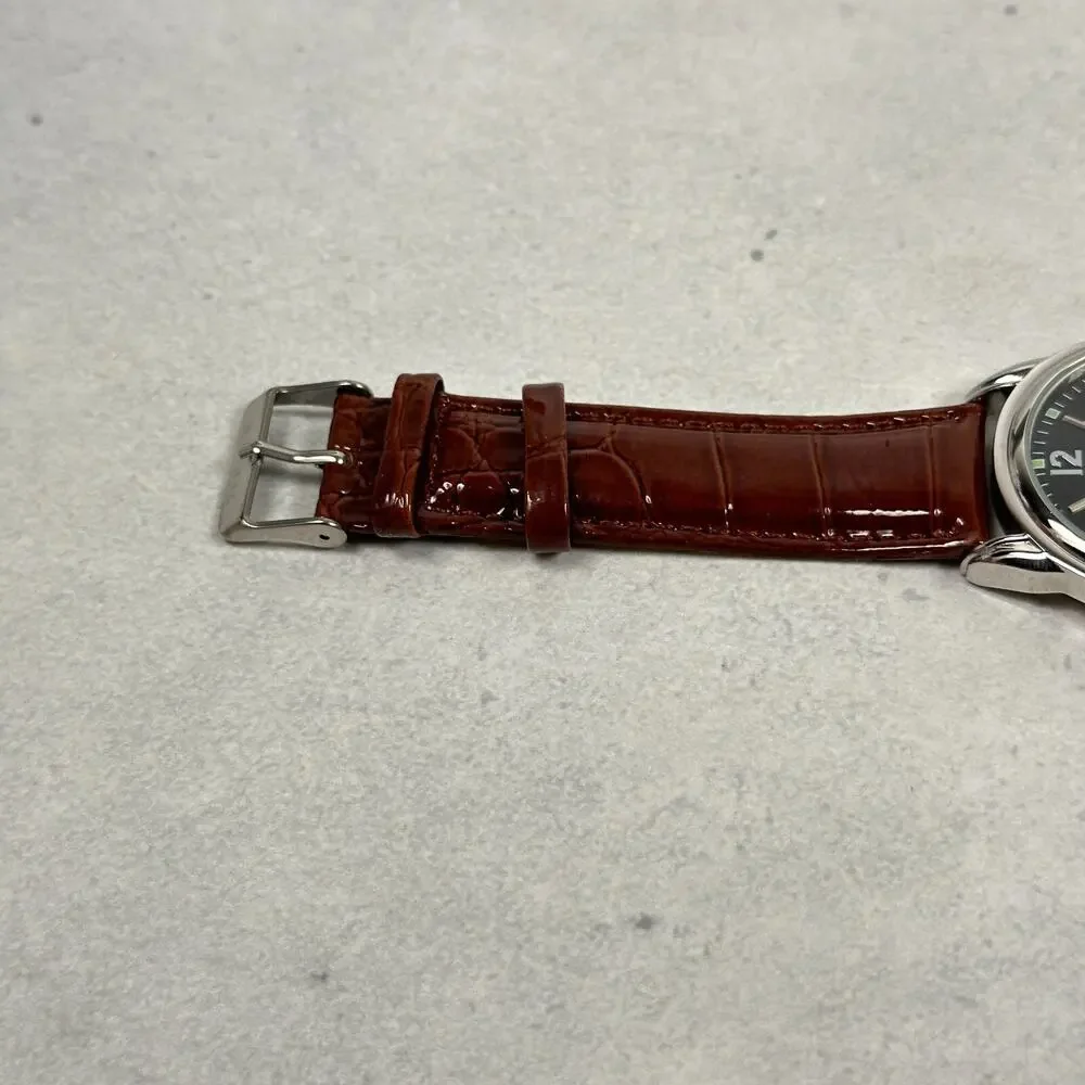 Bijous Terner Watch Mens 35mm Silver Tone Brown Leather Band New Battery